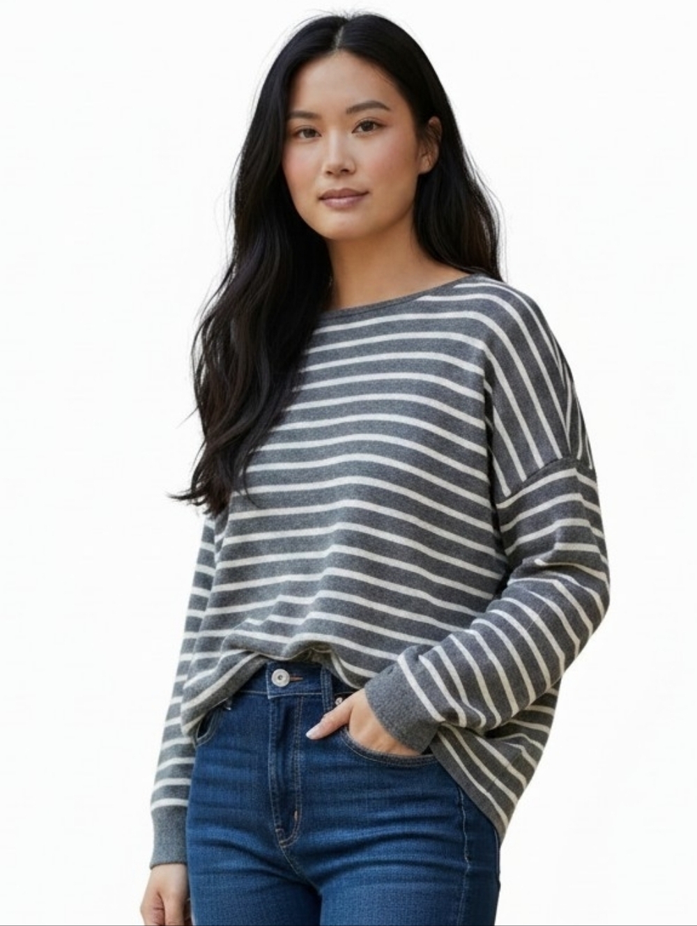 Eileen Fisher Striped Knit Sweater Womens Large Gray White Lightweight Relaxed M